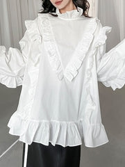 Buttoned Ruffled Solid Color Long Sleeves Loose Stand Collar Blouses&Shirts Tops