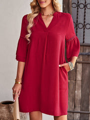 Hollow Solid Color Split-Joint Flared Sleeves Loose V-Neck Mini Dresses