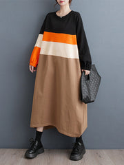 Contrast Color Elasticity Split-Joint A-Line Long Sleeves Round-Neck Midi Dresses