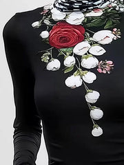 Flower Print Split-Joint Long Sleeves Skinny High Neck T-Shirts Tops
