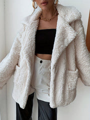 Buttoned Pockets Solid Color Velvet Long Sleeves Loose Notched Collar Outerwear