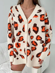 Buttoned Leopard Long Sleeves Loose V-Neck Cardigan Tops