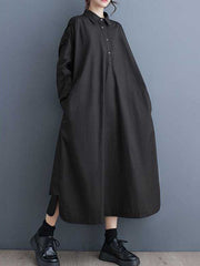 Buttoned Hollow Pleated Pockets Solid Color A-line Long Sleeves Lapel Shirt Dress Midi Dresses
