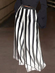 Buttoned Contrast Color Pockets Striped Loose Wide Leg Trousers Pants