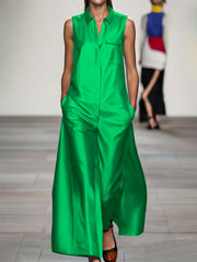 Pockets Solid Color Loose Sleeveless Lapel Jumpsuits