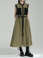 Contrast Color Drawstring Split-Joint Tied Waist Loose Sleeveless Round-Neck Midi Dresses
