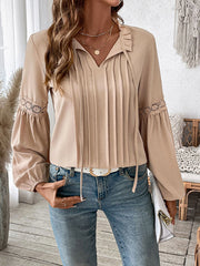 Pleated Solid Color Split-Joint Long Sleeves Loose V-Neck Blouses&Shirts Tops