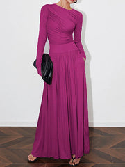 Pleated Solid Color Split-Joint Long Sleeves Round-Neck Maxi Dresses