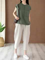 Solid Color Cap Sleeve High-Low Stand Collar Blouses&Shirts Tops