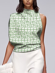 Loose Sleeveless Asymmetric Printed Stand Collar T-Shirts Tops