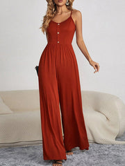 Pleated Split-Joint Sleeveless Wide Leg Spaghetti-Neck Jumpsuits