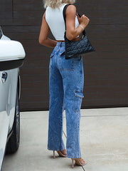 Pockets Split-Joint Straight Leg Jean Pants Bottoms