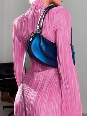 Pleated Solid Color Bodycon Flared Sleeves Mock Neck Mini Dresses