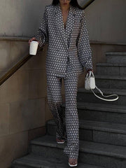 Printed Long Sleeves Lapel Outwear Top + Flared Trousers Bottom Two Pieces Set