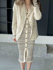 Long Sleeves Skinny Buttoned Pockets Striped Lapel Cardigan Coats Knitwear
