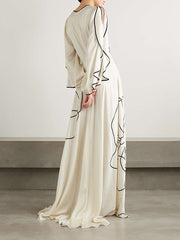 Loose Contrast Color Falbala Flower Print Hollow Zipper Maxi Dresses