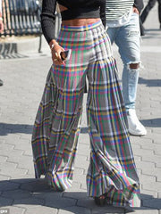 Stylish Selection Wide Leg Loose Pleated Checkered Casual Pants Bottoms