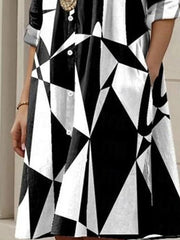 Contrast Color Printed Split-Joint Long Sleeves Loose Lapel Shirt Dress Midi Dresses