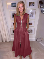 Pockets Solid Color Split-Joint Zipper A-line Elasticated Waist V-neck Midi Dresses