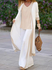 Loose Contrast Color Long Sleeves Outer Wear + V-Neck Inner Vest + Pants Bottom Three Pieces Set