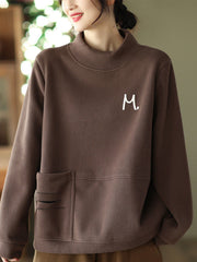 Simple Loose Long Sleeves Velvet Solid Color High-Neck Sweatshirt Tops
