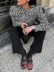 Leopard Printed Split-Joint Loose Puff Sleeves Peter Pan Collar Blouses&Shirts Tops