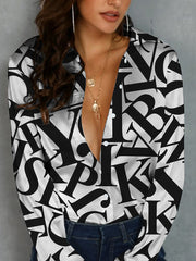 Buttoned Letter Print Printed Long Sleeves Loose Lapel Blouses&Shirts Tops