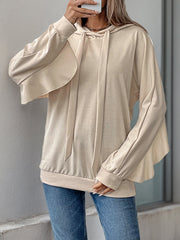 Drawstring Ruffle Trim Solid Color Split-Joint Long Sleeves Loose Hoodies Tops
