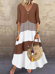 Original Creation Half Sleeves Loose Buttoned Contrast Color Striped V-Neck Maxi Dresses