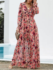 Flower Print Pleated Ruffled High Waisted Long Sleeves V-Neck Maxi Dresses