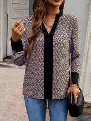 Printed Split-Joint Long Sleeves Loose V-Neck Blouses&Shirts Tops
