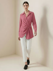 Long Sleeves Wrap Asymmetric Knot Pleated Lapel Blouses&Shirts Tops