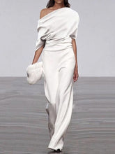 Solid Color Short Sleeves One-Shoulder Top + Wide Leg Pants Two Pieces Set