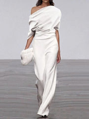 Solid Color Short Sleeves One-Shoulder Top + Wide Leg Pants Two Pieces Set