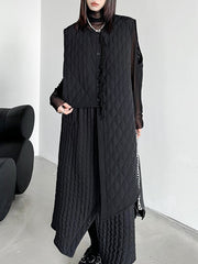 Asymmetric Buttoned Quilted Solid Color Tasseled Loose Sleeveless U-neck Padded Vest