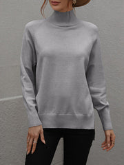 Solid Color Split-Side High-Low Long Sleeves High Neck Sweater Tops Pullovers