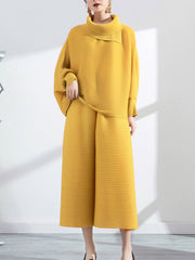 Simple Loose Long Sleeves Pleated Solid Color High-Neck T-Shirt Top&Wide Legs Pants Two Pieces Set