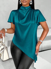 Asymmetric Solid Color Loose Short Sleeves Mock Neck Blouses&Shirts Tops