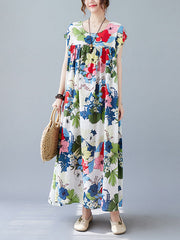 Original Loose Artistic Retro Floral Printed Pleated Midi Dress