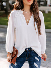 Elasticity Pleated Ruffle Trim Solid Color Long Sleeves Loose Deep V-Neck T-Shirts Tops