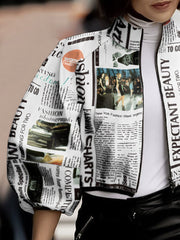 Loose Puff Sleeves Letter Print Stand Collar Outerwear