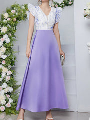 Printed Split-Joint High Waisted Petal Sleeves Deep V-Neck Maxi Dresses