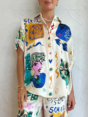 Animal Printed Buttoned Figure Half Sleeves Loose Lapel Blouses&Shirts Tops