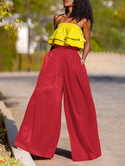 Pleated Pockets Shiny Solid Color High Waisted Loose Trousers Pants