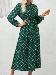 Lace-Up Pleated Split-Joint Tied Waist Loose Puff Sleeves Stand Collar Midi Dresses