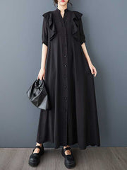 Buttoned Ruffle Trim Solid Color A-Line Half Sleeves V-Neck Midi Dresses