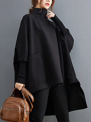 Urban Solid Color High-Neck High-Low Sweatshirt Top