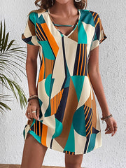 Contrast Color Printed Zipper A-Line Loose V-Neck Mini Dresses