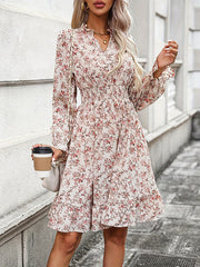 Elasticity Flower Print A-Line Long Sleeves V-Neck Midi Dresses