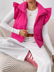 Pleated Solid Color Split-Joint Flared Sleeves High Neck Padded Vest